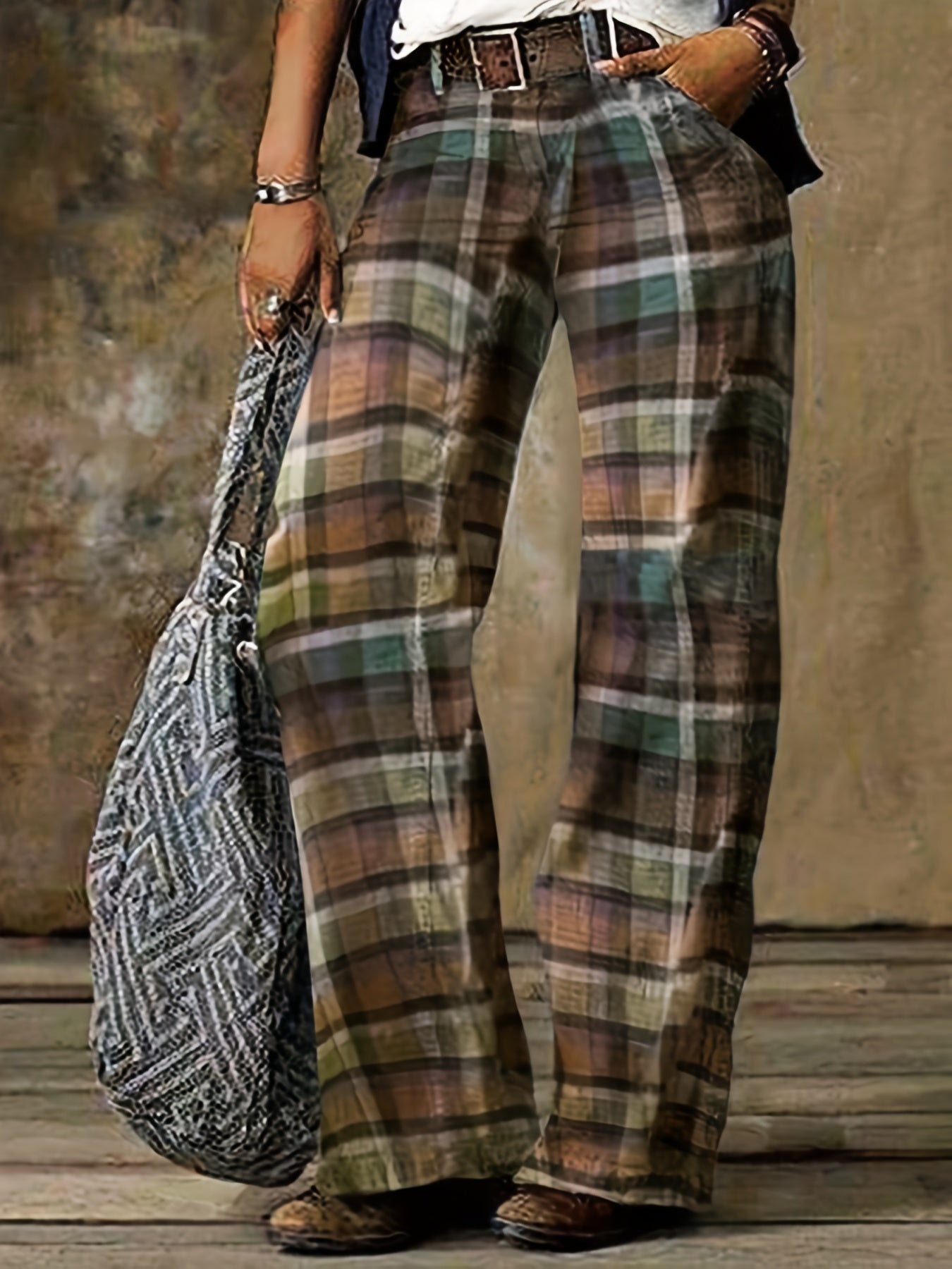  Gingham Print Button Fly Straight Leg Pants