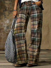  Gingham Print Button Fly Straight Leg Pants