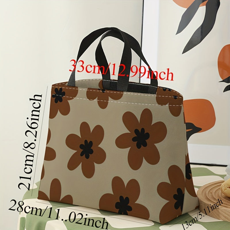 Brown Flowers Printed Lunch Bag Large Capacity Waterproof Food Insulated Bag