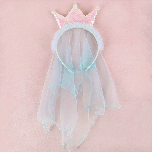 Sequin Crown Headband with Hair Veil for Kids Girls Headdress