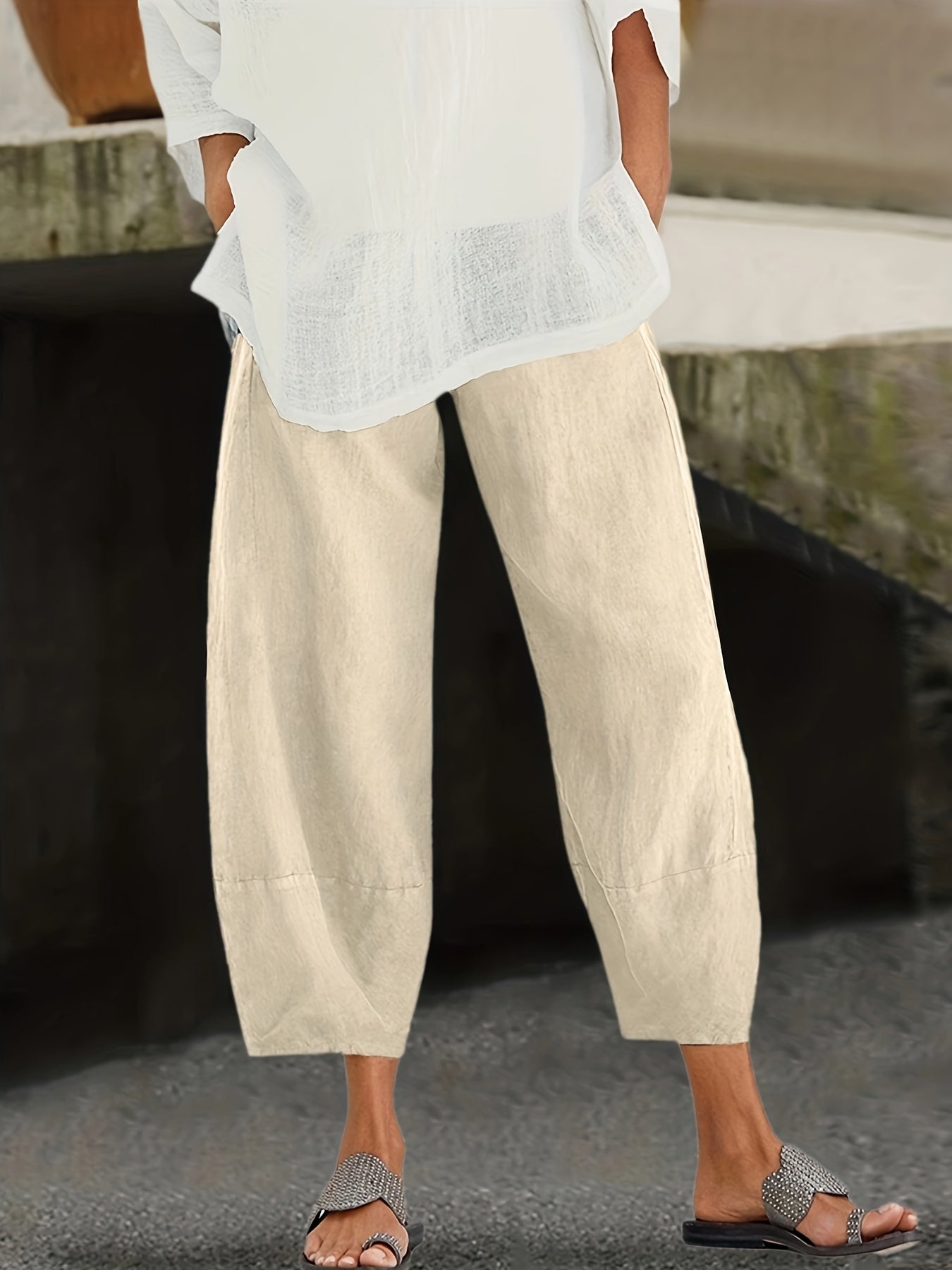  Solid Elastic Waist Cargo Pants