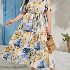  Marble Print Butterfly Sleeve Maxi Smock Dress With Belt