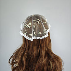Embroidered Lace Bridal Short Layered Round Veil Headscarf Church Hat