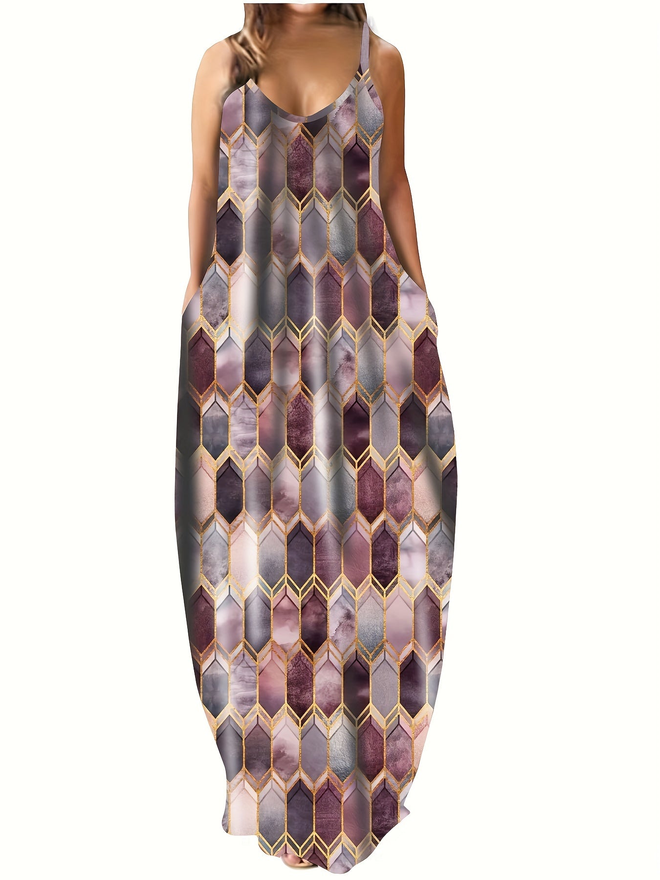  Colorblock Geometric Print Maxi Cami Dress