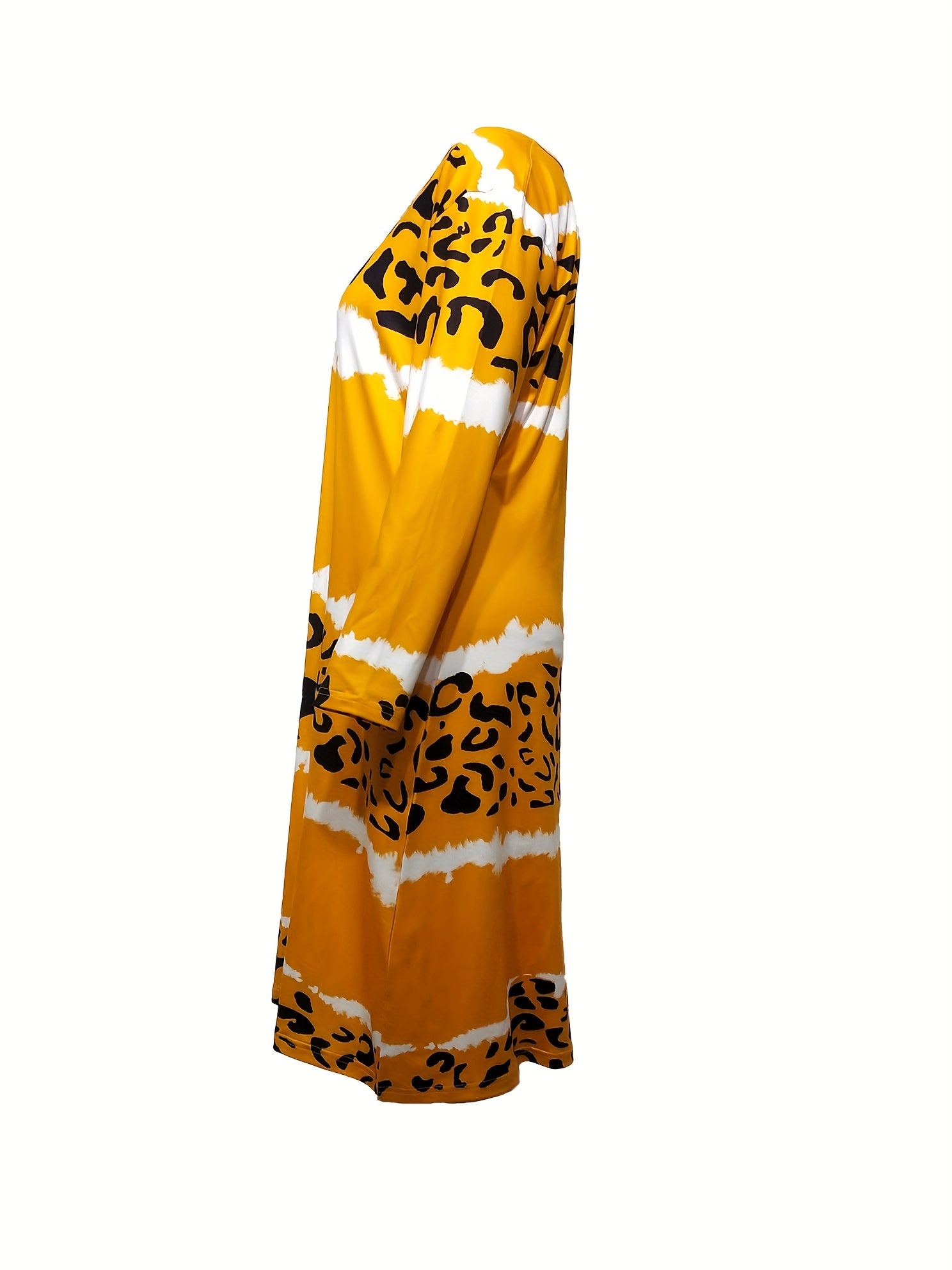  Colorblock Leopard Print Long Sleeve V Neck Dress