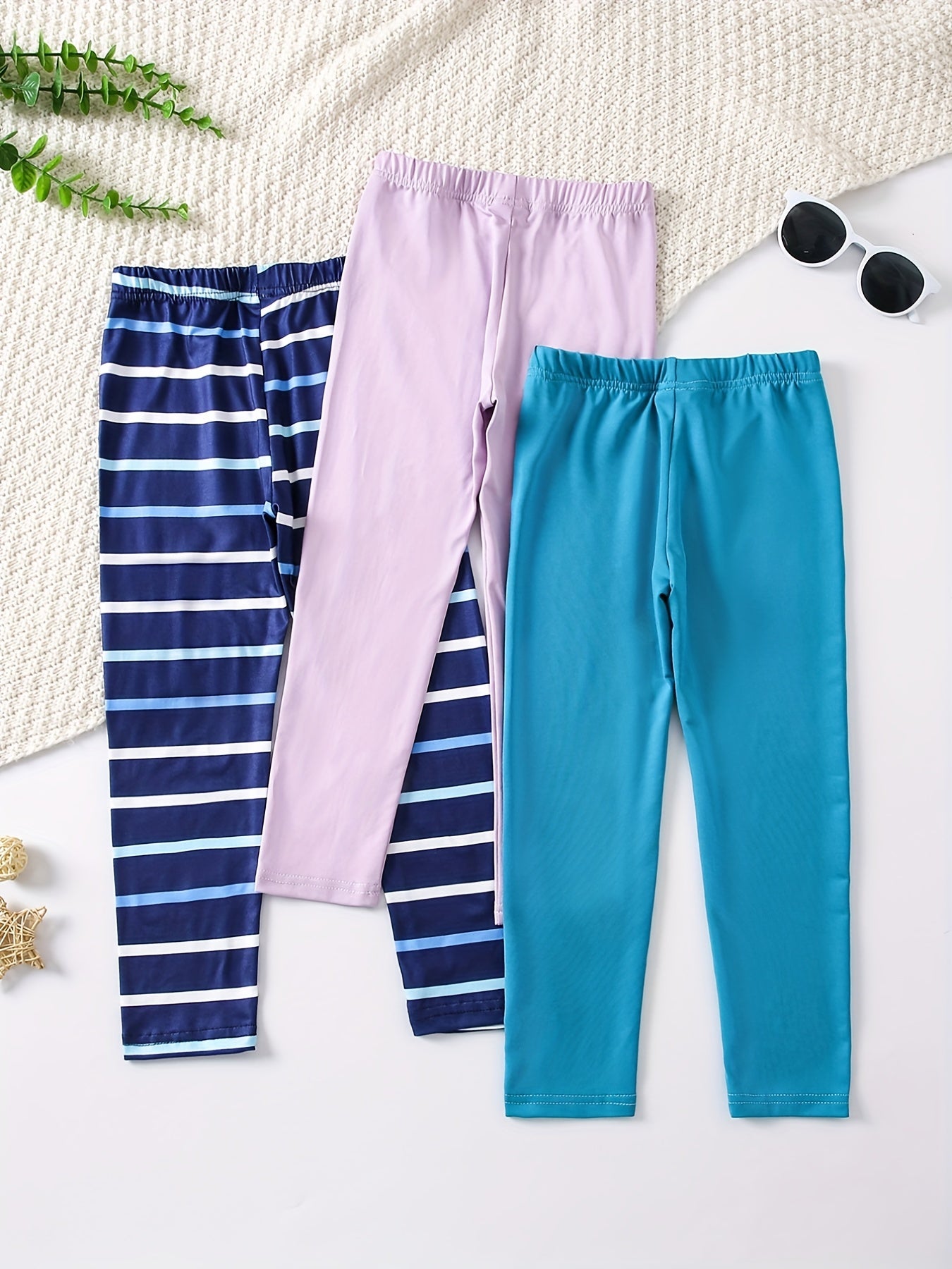3pcs Girls' Stretch Legging Pants Plain Colors Stripe Print
