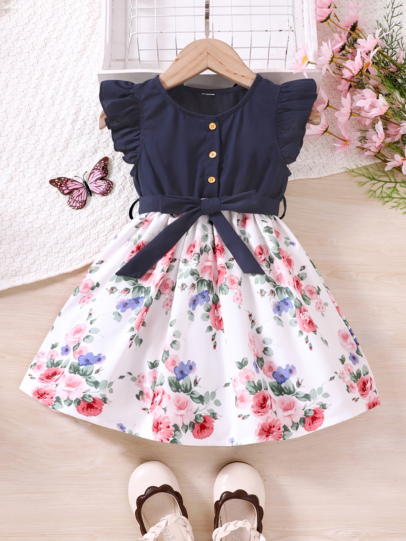 Floral Ruffle Trim Princess Dress For Party Kids Summer