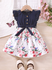 Floral Ruffle Trim Princess Dress For Party Kids Summer