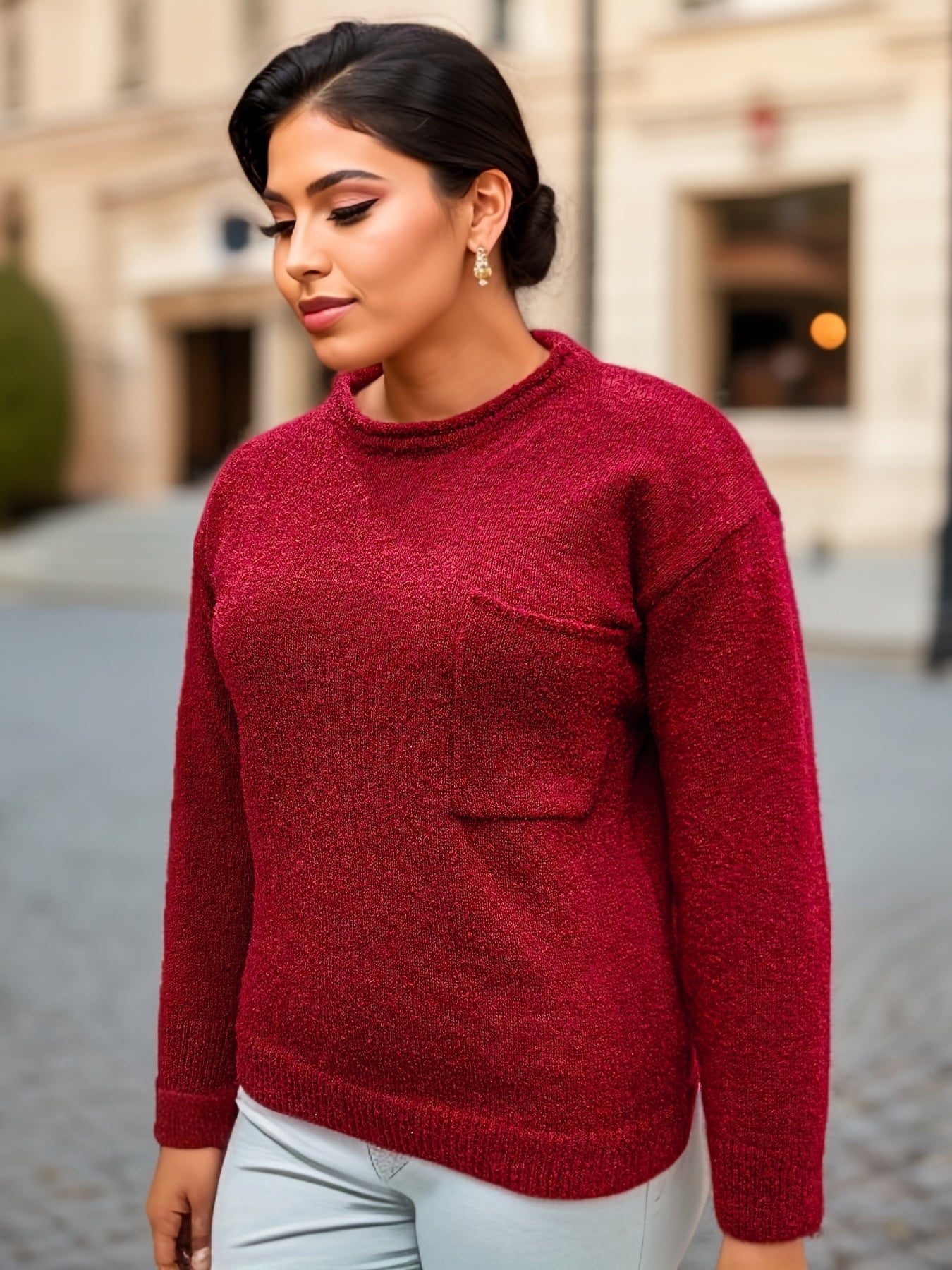 Casual Sweater Women's Plus Solid Long Sleeve Round Neck Jumper