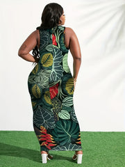  Women's Leaf Print Halter Neck Maxi Dress