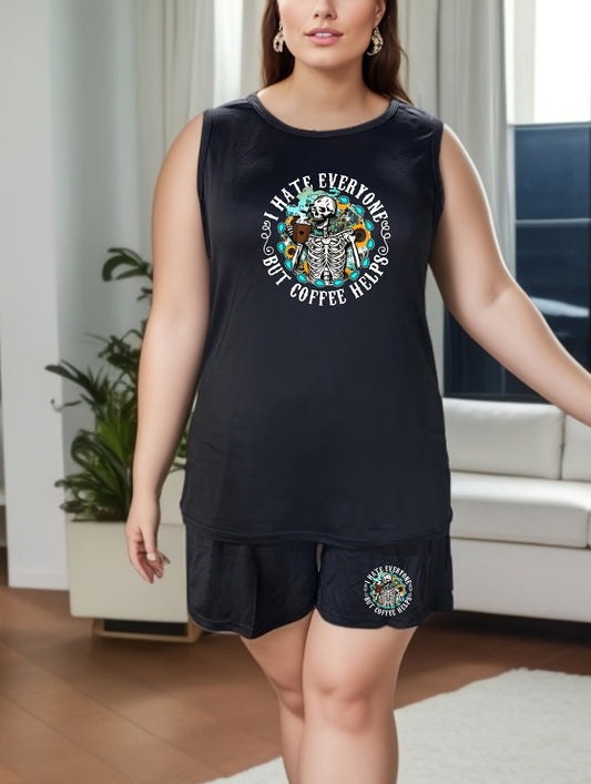  Halloween Sunflower Skull Print Tank Top & Shorts Set