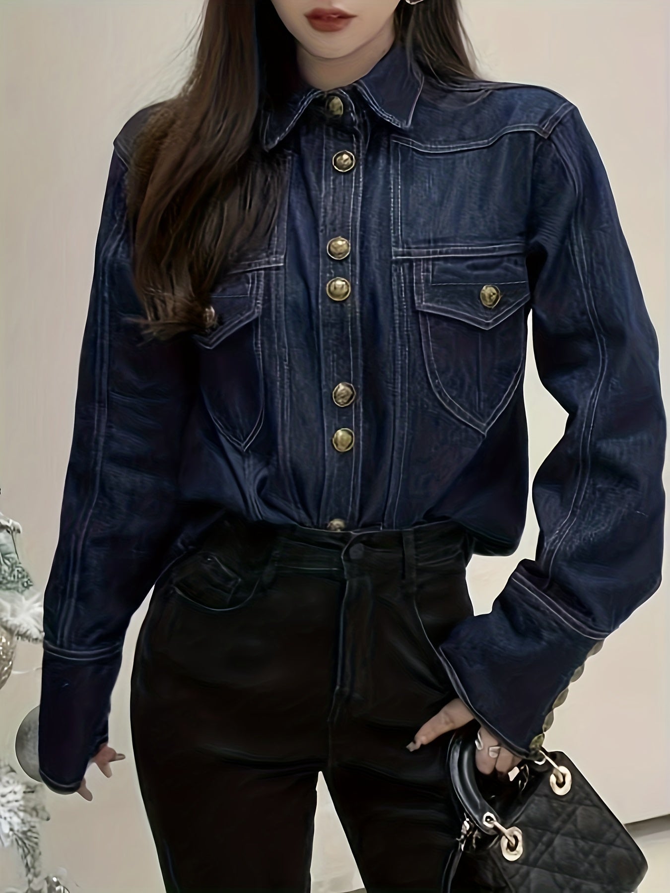 Dark Lapel Denim Jackets Long Sleeves Button Closure Loose Fit