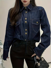 Dark Lapel Denim Jackets Long Sleeves Button Closure Loose Fit