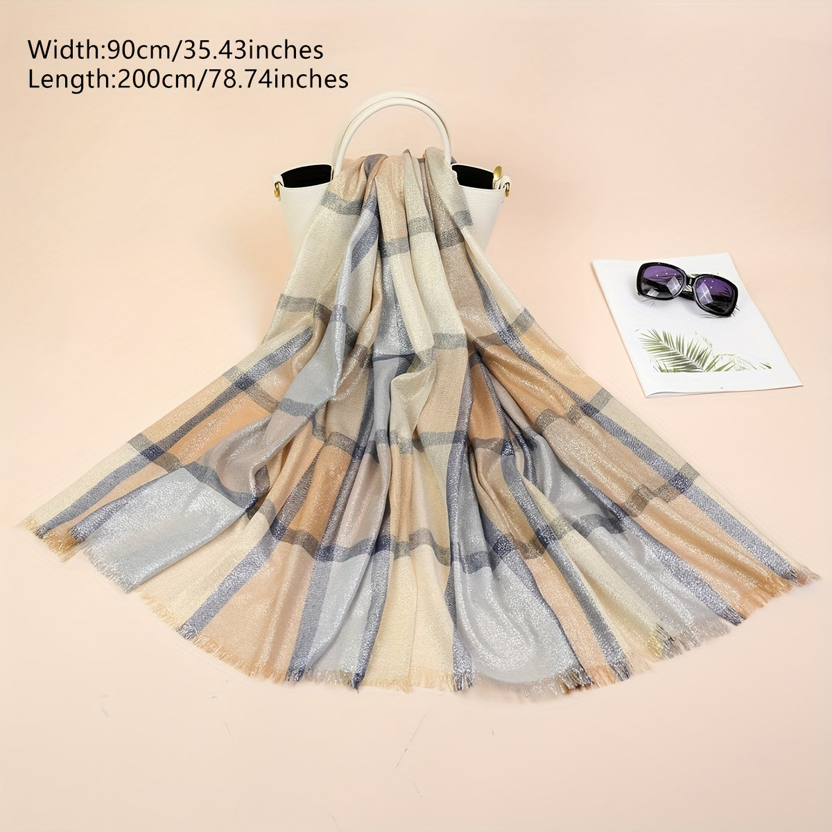 Light Thin Golden Scarf Plaid Large Tassel Shawl Casual Outdoor Inelastic Scarf
