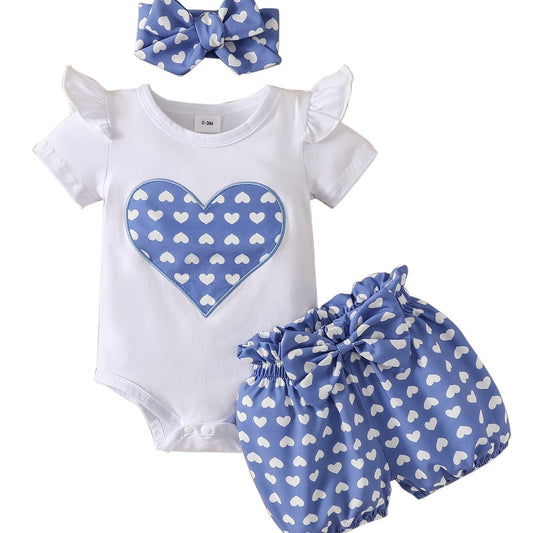 Baby Girl's Heart Graphic Set Cotton Ruffle Short Sleeve Bodysuit