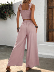 Casual Shirred Crop Tank Top & Wide Leg Pants Set
