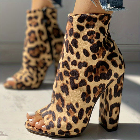 Leopard Print Peep Toe Ankle Boots Chunky Heel Zipper Comfy Shoes