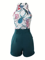 Floral Print Tank Top & Shorts Set with Belt Outfit