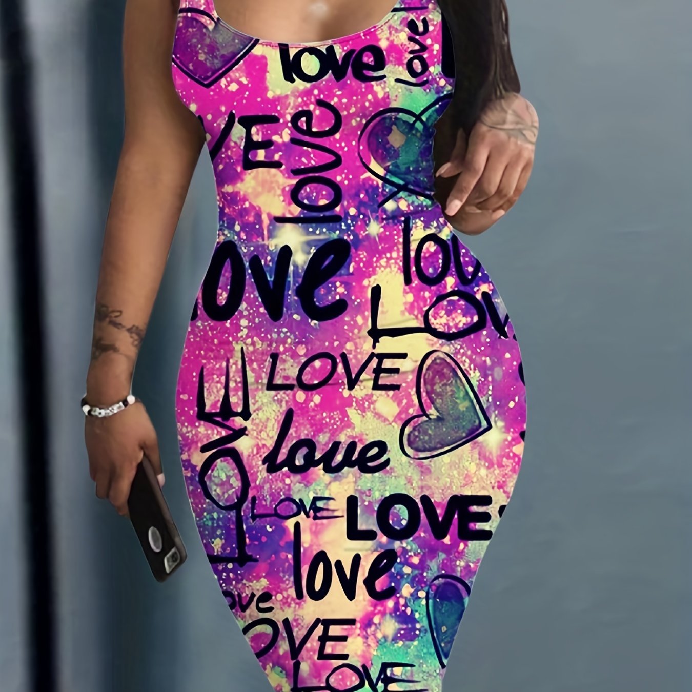 Love Letter Print Tank Dress Casual Slim Bag Hip Random Printing Dress