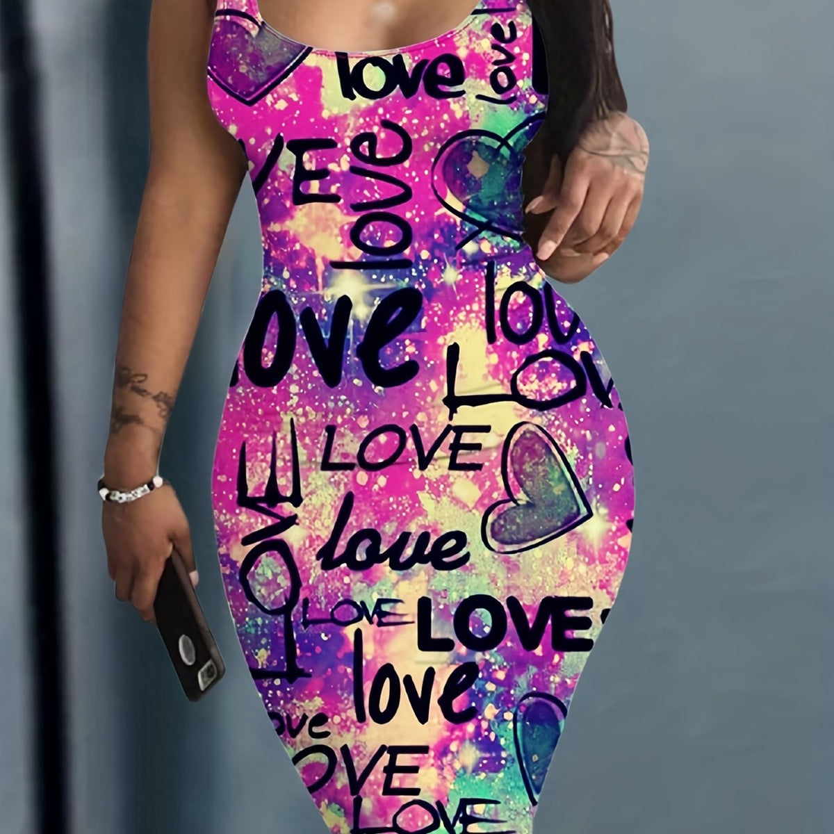 Love Letter Print Tank Dress Casual Slim Bag Hip Random Printing Dress