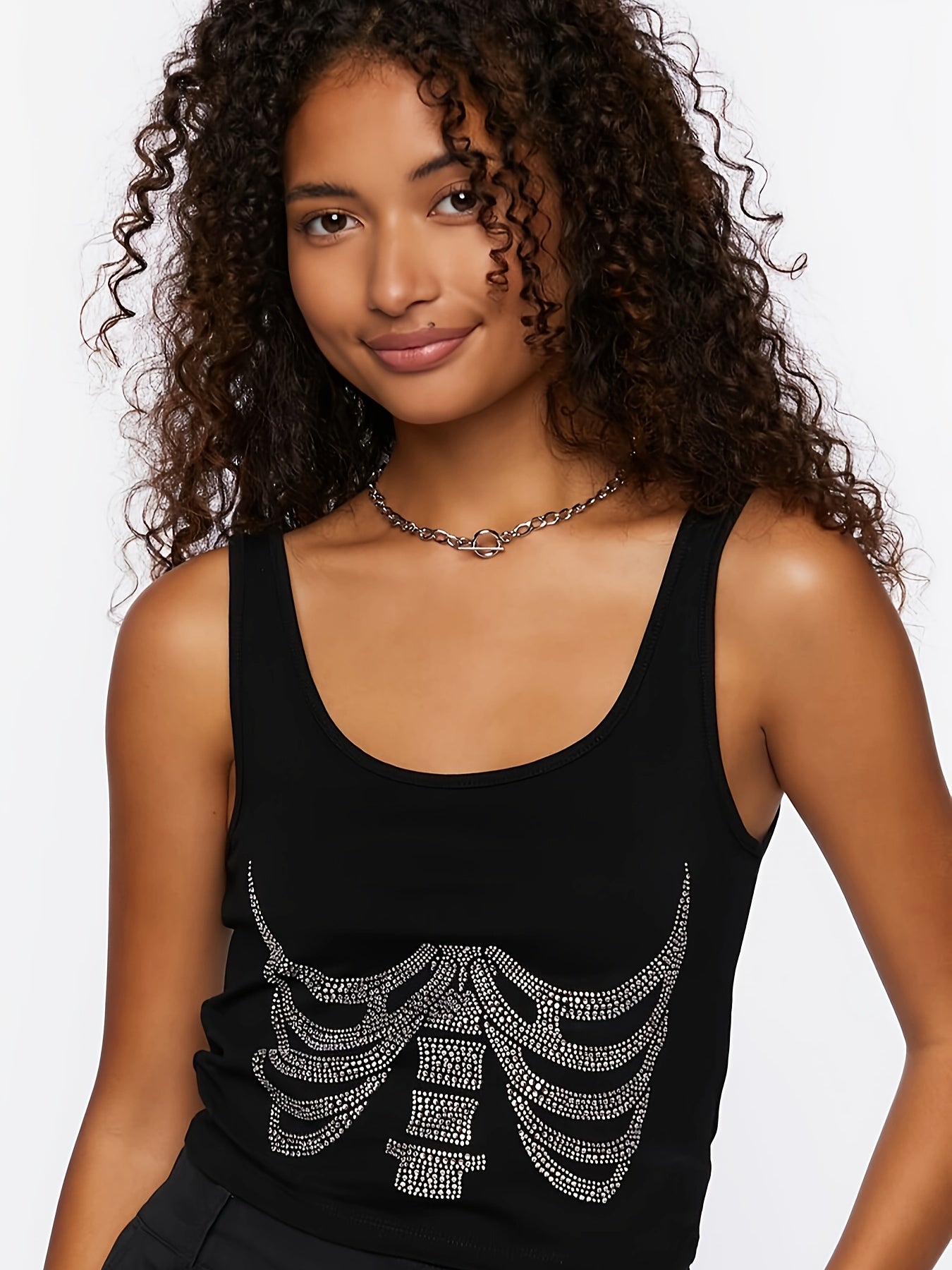  Rhinestone Skull Print Tank Top