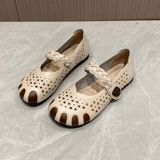 Women's Retro Hollow Out Flat Shoes Round Toe Hook & Loop Casual Non Slip Flats
