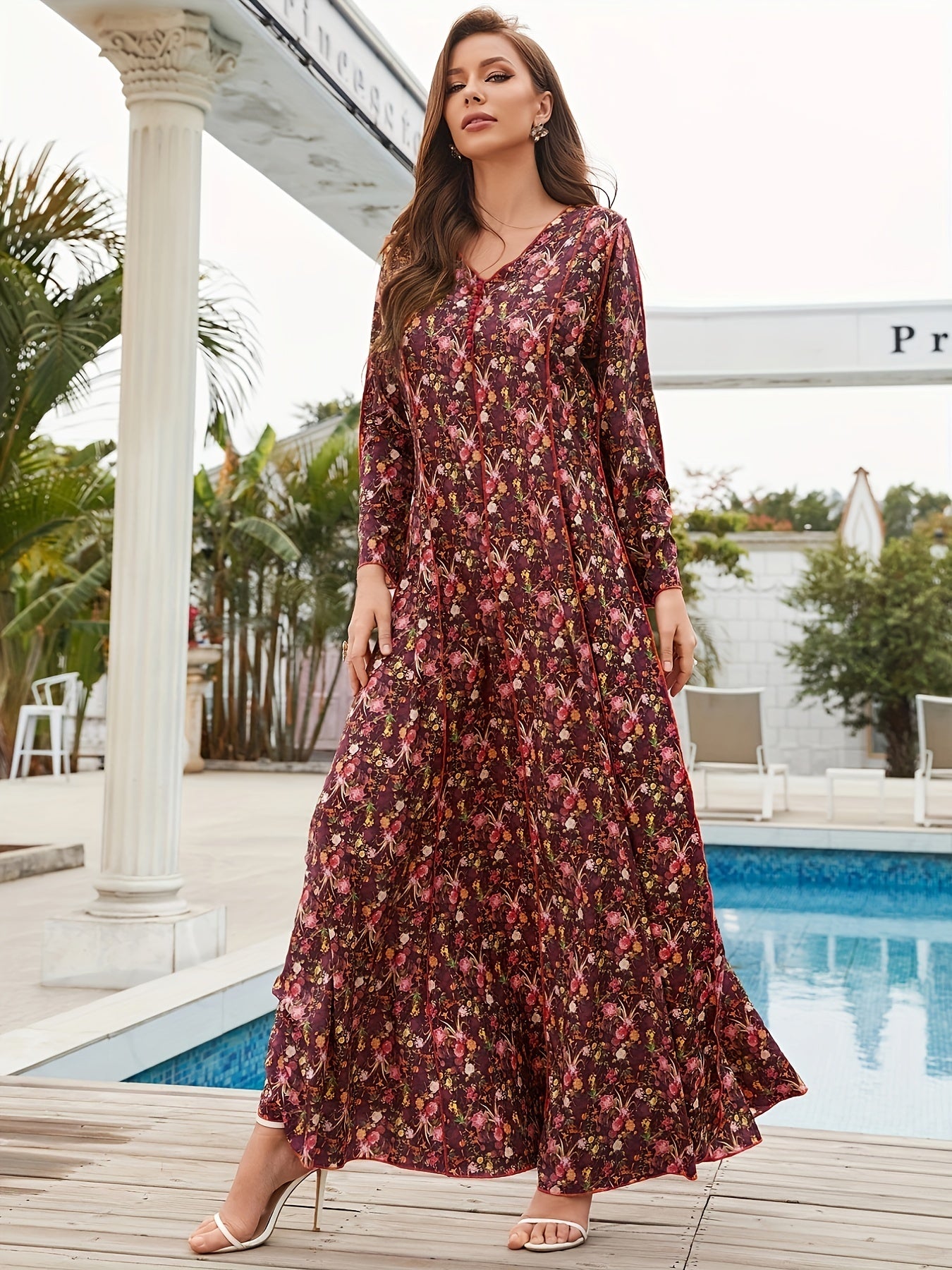 Abaya Dress Women's Plus Ditsy Floral & Stripe Print Maxi Dress