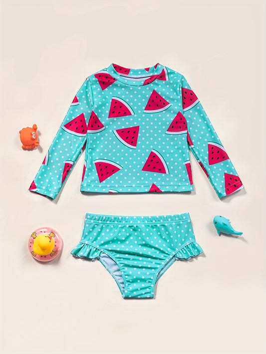 Girls Strawberry Print Long Sleeves Swimming Suit