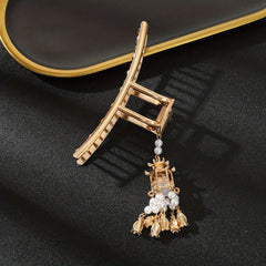 Luminous Lantern FauxPearl Tassel Hair Claw Clip Metal Golden Retro