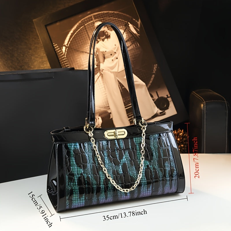 Stylish Soft Leather Chain Bag Crocodile Pattern Zip Closure Polyester Lining