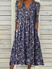 Floral Print V Neck Ruched Dress with Pockets