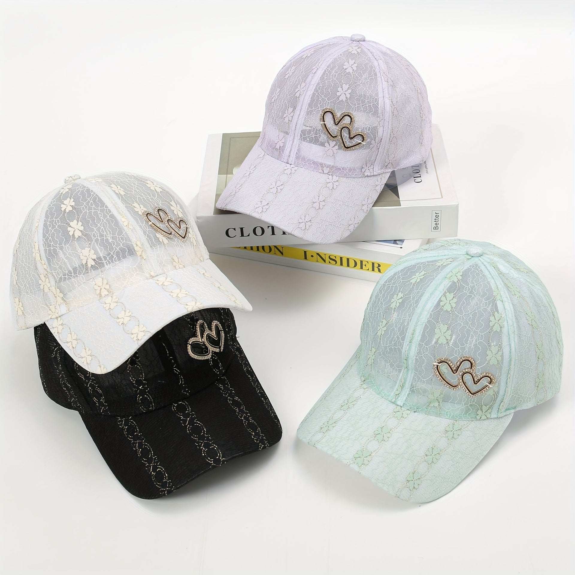 Lace Floral Embroidered Baseball Cap Heart Label Mesh Overlay Breathable Sun Hat