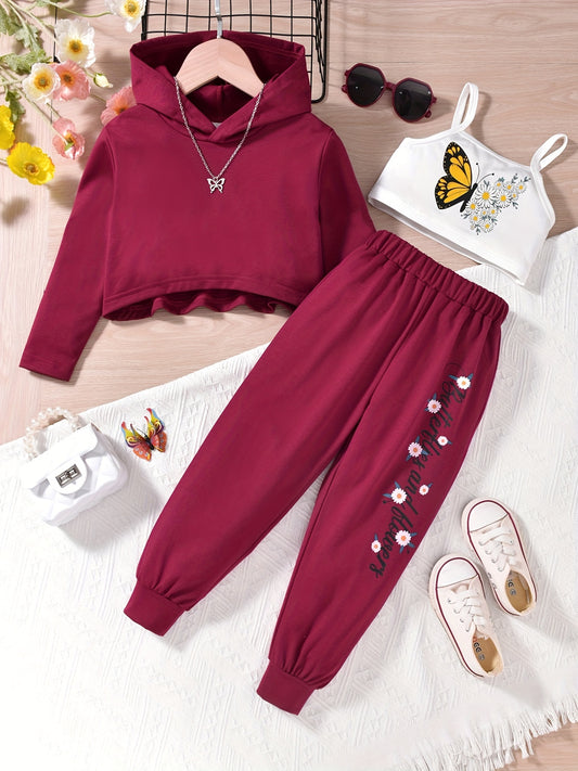 Girl's 3pcs Hoodie & Cami Top & Sweatpants Set BUTTERFLY AND FLOWERS Print