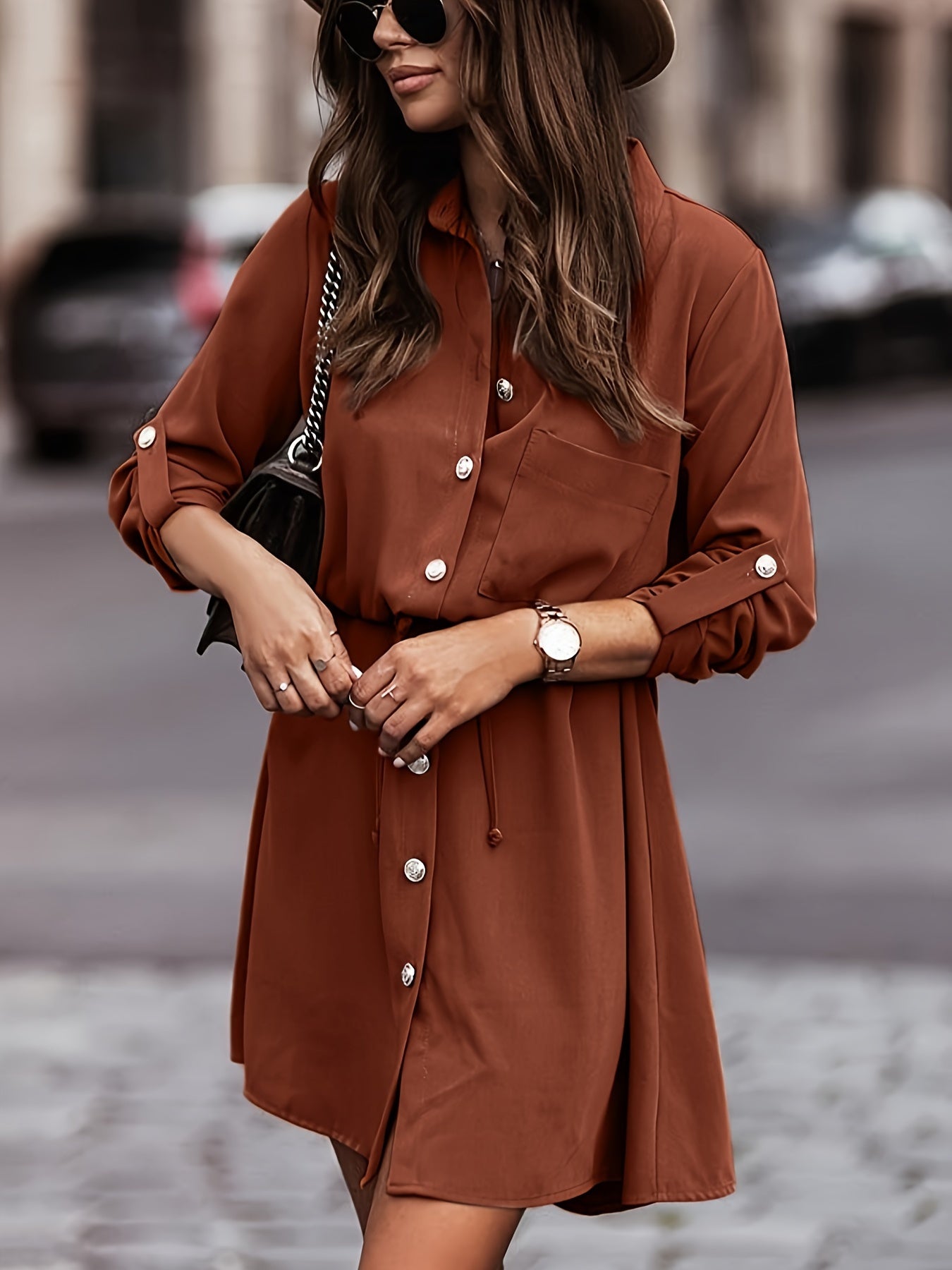  Solid Button Up Long Sleeve Drawstring Shirt Dress