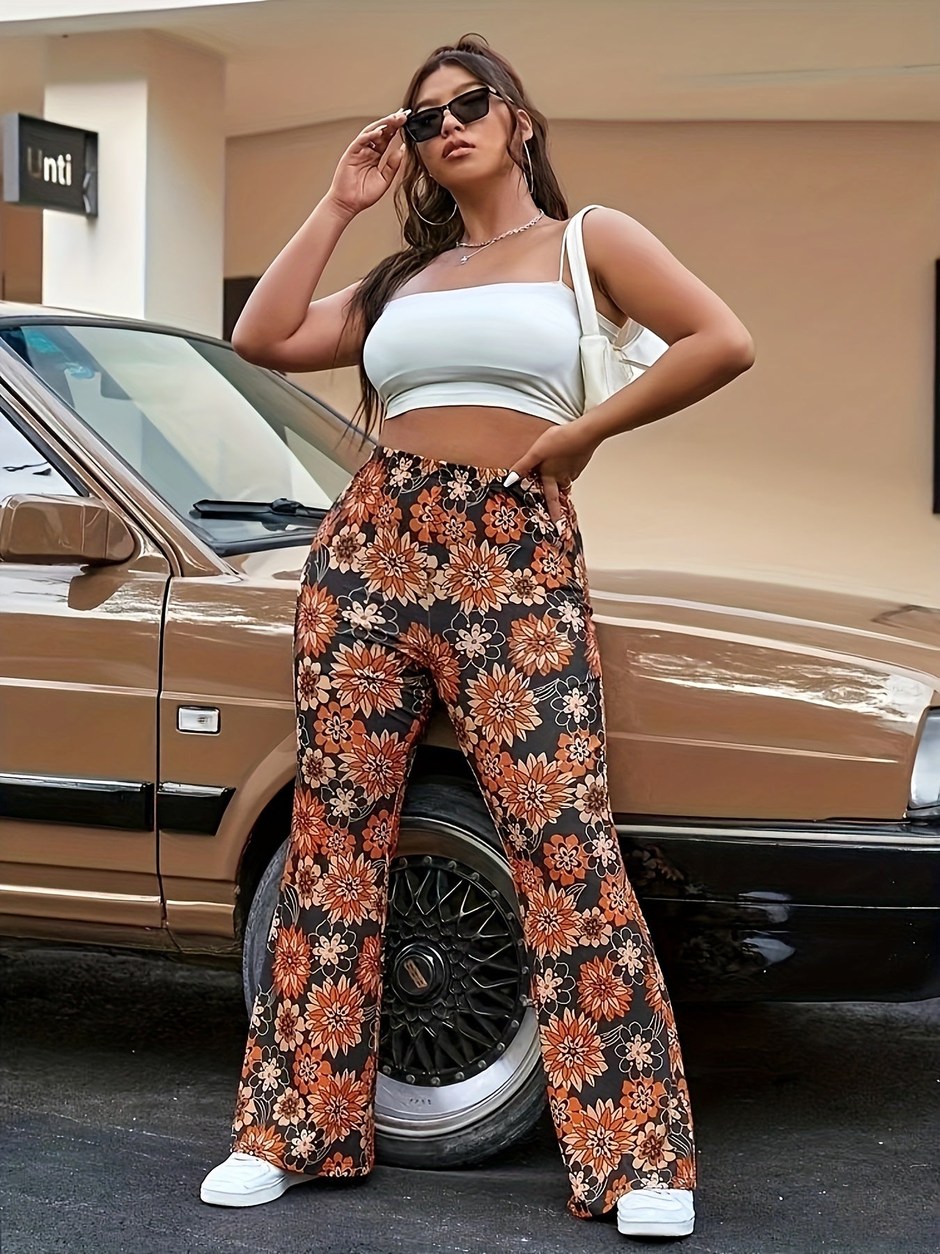 Women's Plus Floral Print High Rise Flared Leg Pants
