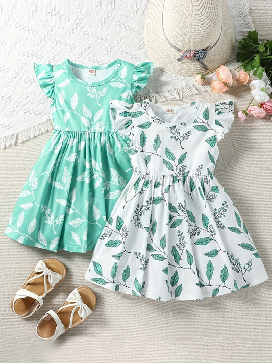 2pcs Toddler Girls Ruffle Trim Leaf Graphic Dress for Party Beach Vacation