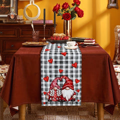 13x72 Inch Red Gnome Love Heart Plaid Table Runner - Heat Resistant Washable