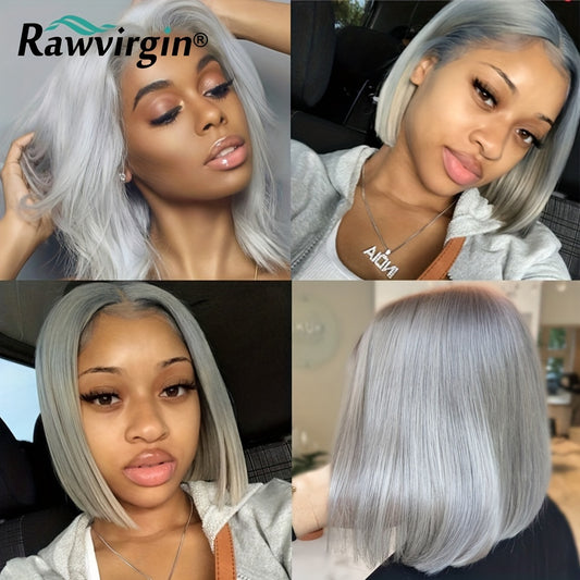 Silvery Gray 130 Density Straight 13 4 Lace Front Human Hair Wig