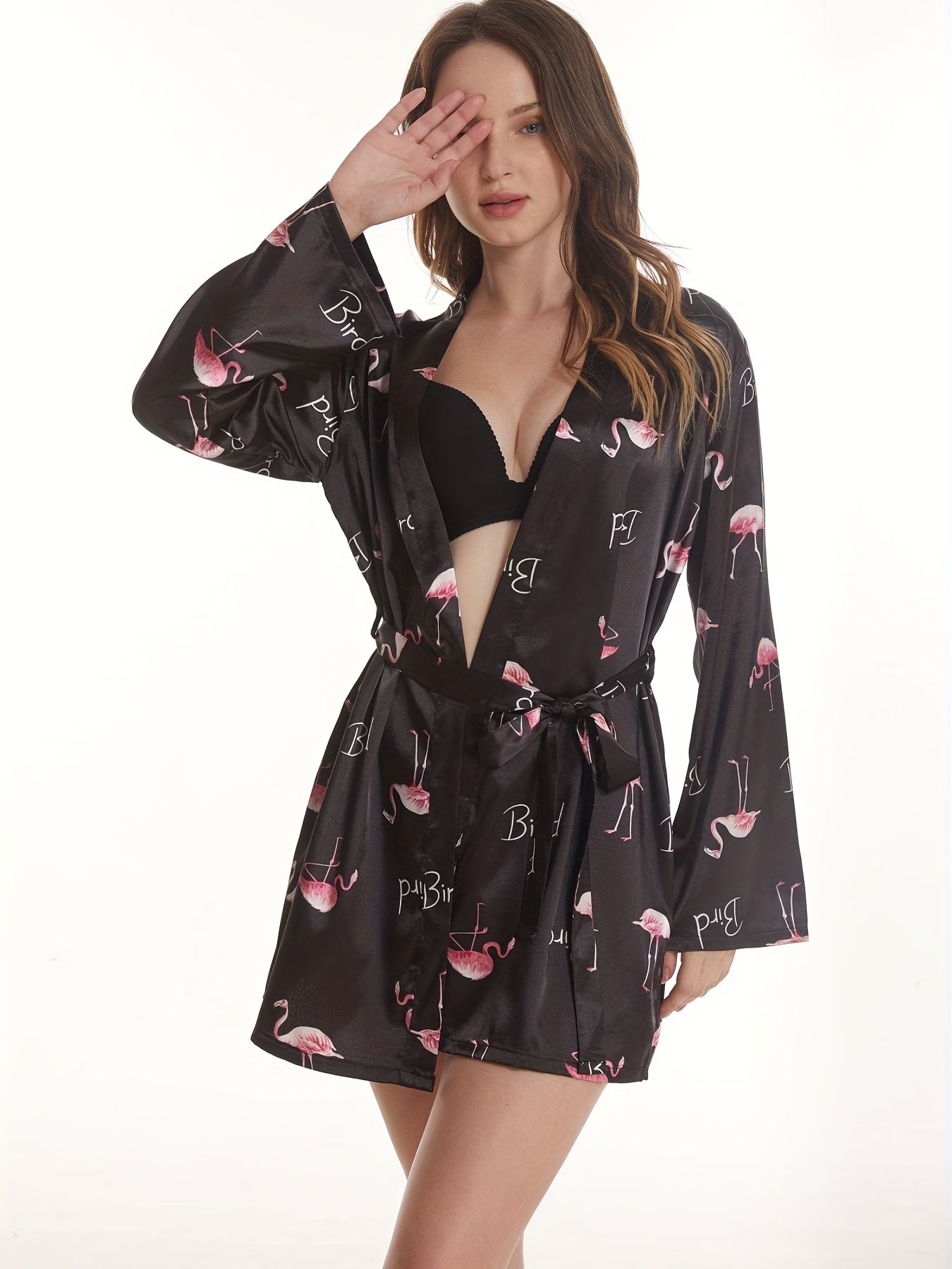 Flamingo Print Night Robe Long Sleeve V Neck Robe Women's Sleepwear