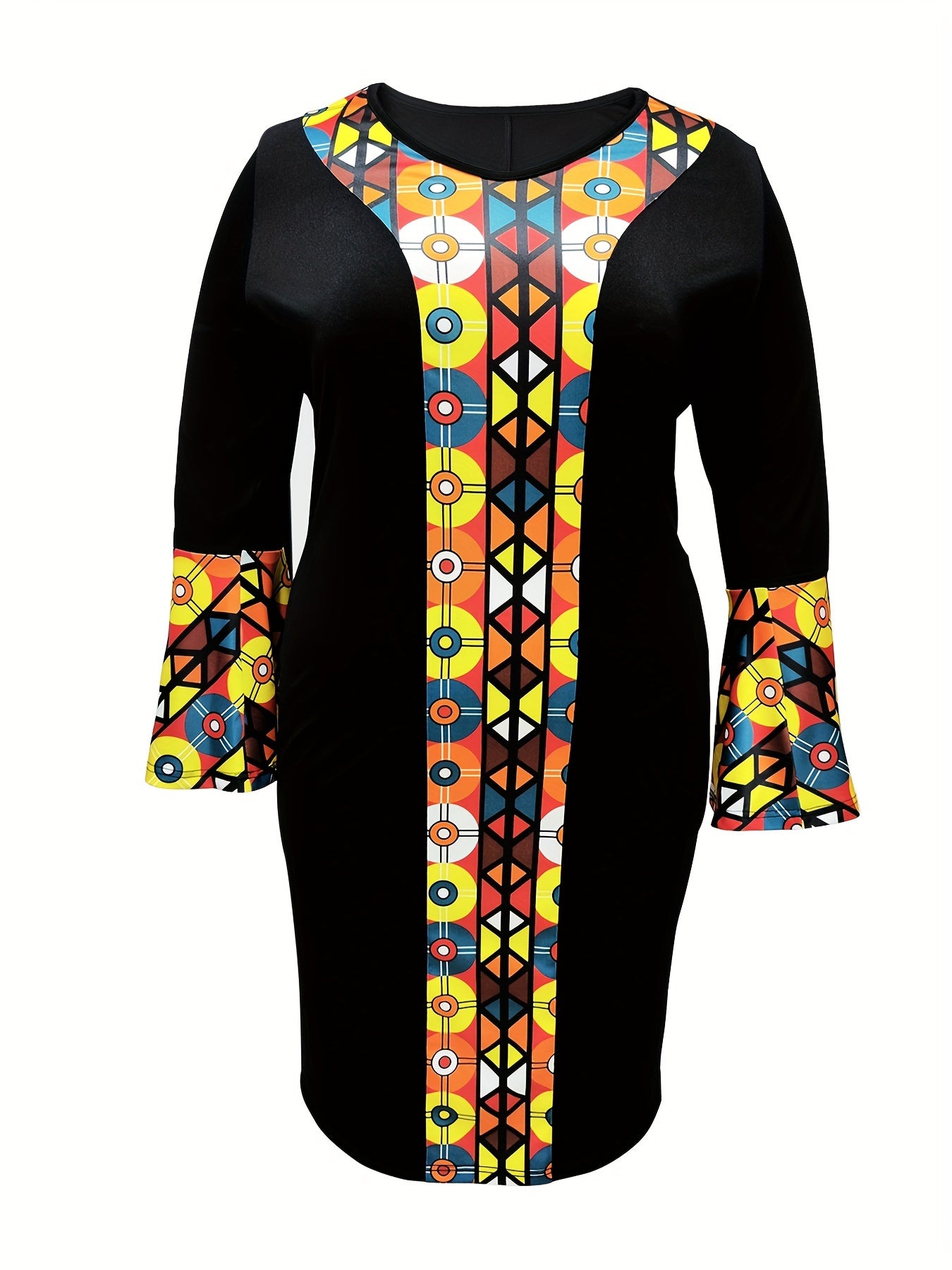  Geometric Print Bell Sleeve Midi Dress