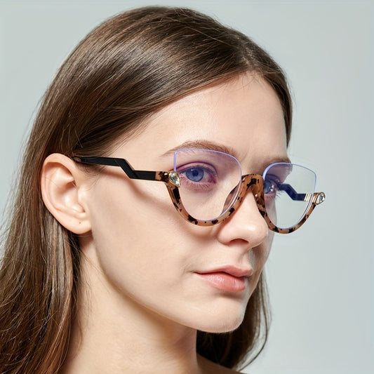 Semi Rimless Cat Eye Clear Lens Glasses with Rhinestone Decor