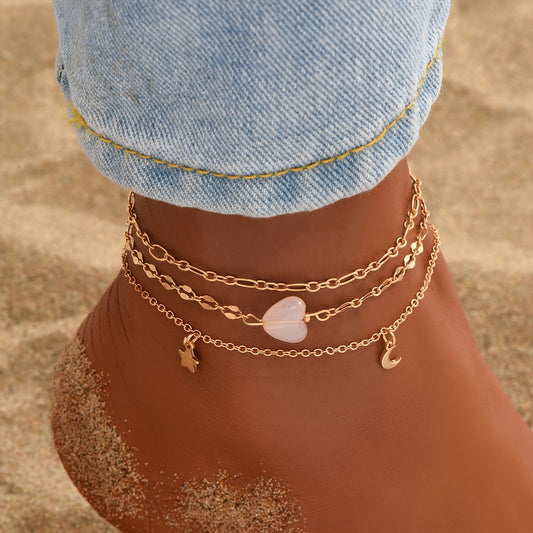 3 Pcs Moon Pendant Anklet Set 14K Plated Zinc Alloy Bracelet