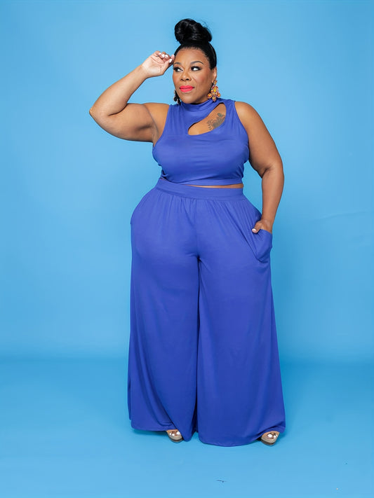  Cut Out Mock Neck Tank Top & Wide Leg Pants Set