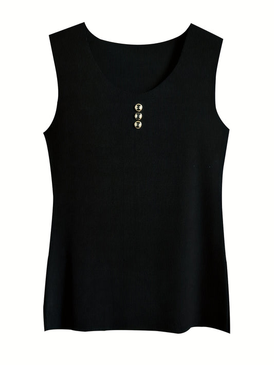 Ribbed Sports Tank Top Button Round Neck Sleeveless Summer Tops