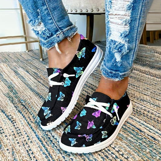 Women's Butterfly Print Canvas Shoes Casual Lace Up Outdoor Shoes