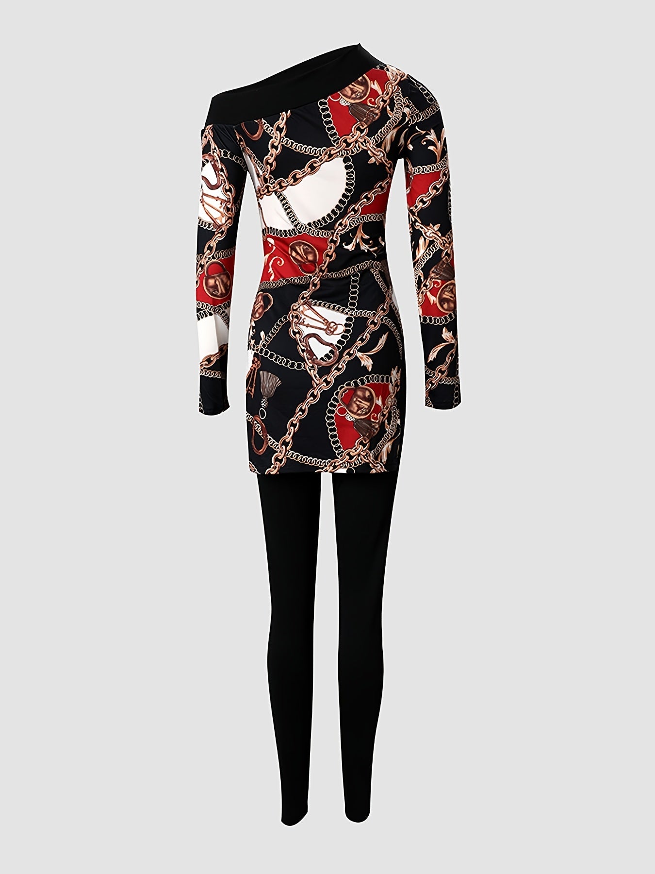 Chain Print 2pcs Set Long Sleeve Split T shirt & Solid High Waist Skinny Pants