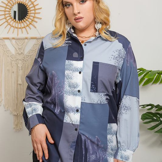  Colorblock Print Long Sleeve Button Up Blouse