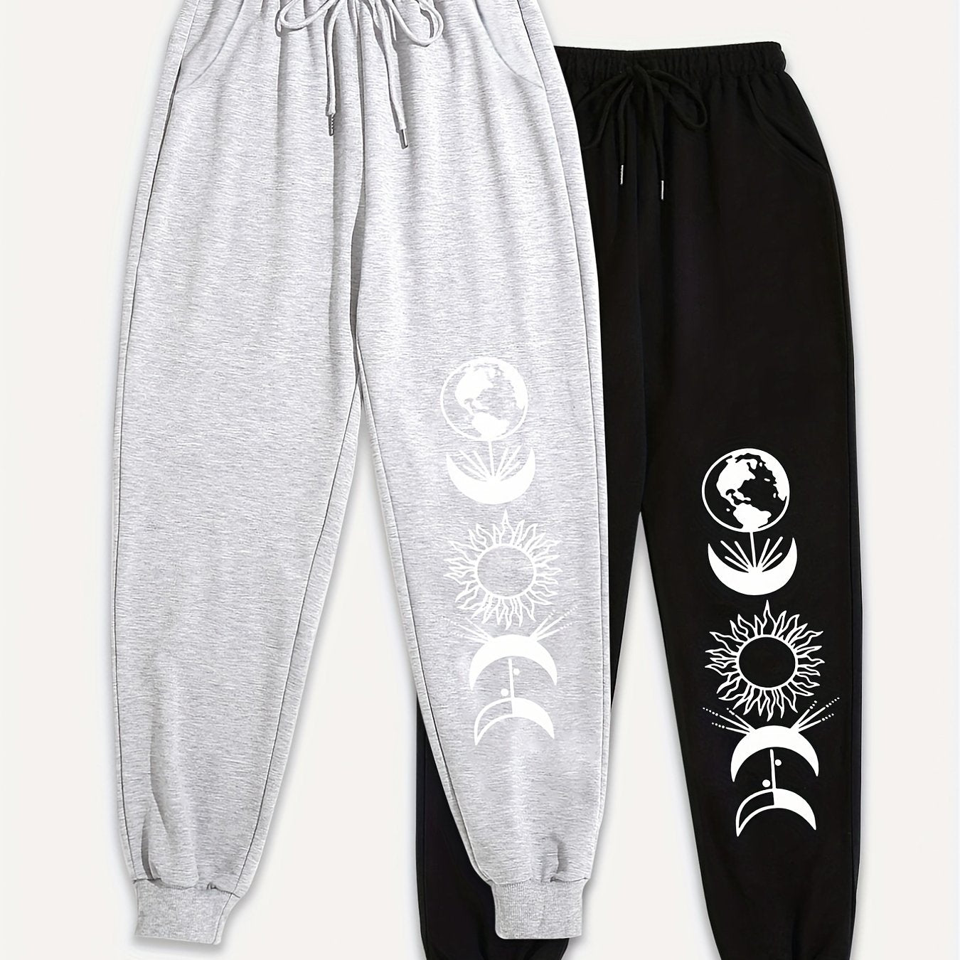 2 Pack Women's Plus Moon & Sun Print Fitness Joggers Set