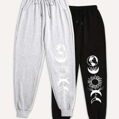 2 Pack Women's Plus Moon & Sun Print Fitness Joggers Set