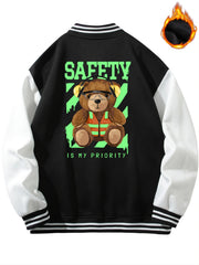 Men's Bear Print Casual Lightweight Fleece Baseball Jacket